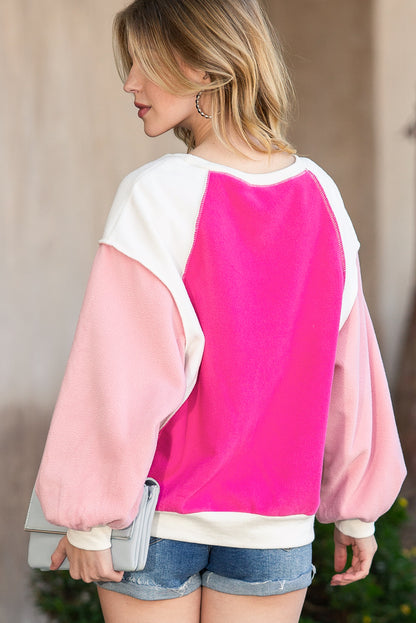 Rosy Colorblock Casual Seam Plush Pullover Sweatshirt