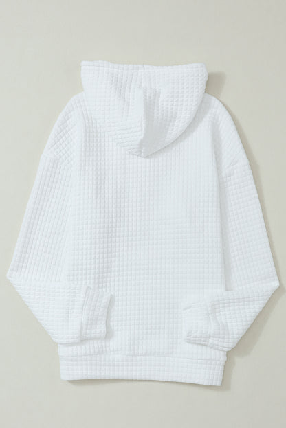 White Lattice Textured Kangaroo Pocket Drawstring Hoodie