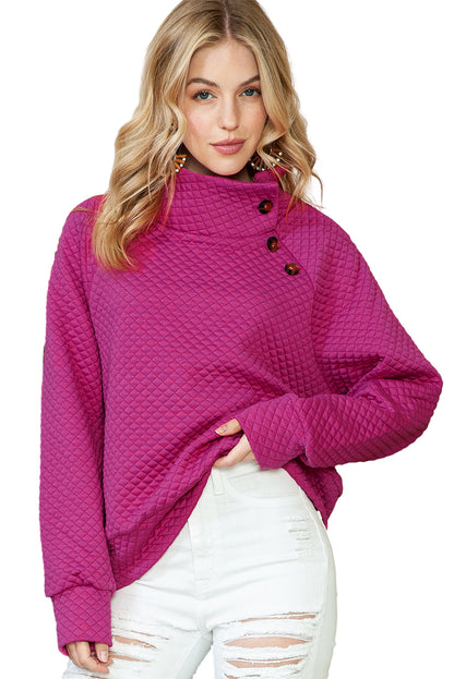 Rose Red Quilted Buttoned Neck Pullover Sweatshirt