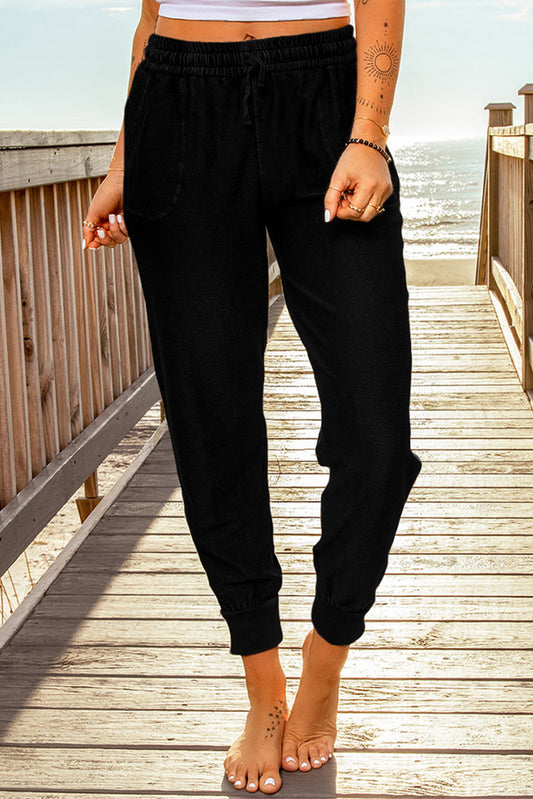 Black Casual Elastic Waist Drawstring Jogger Pants