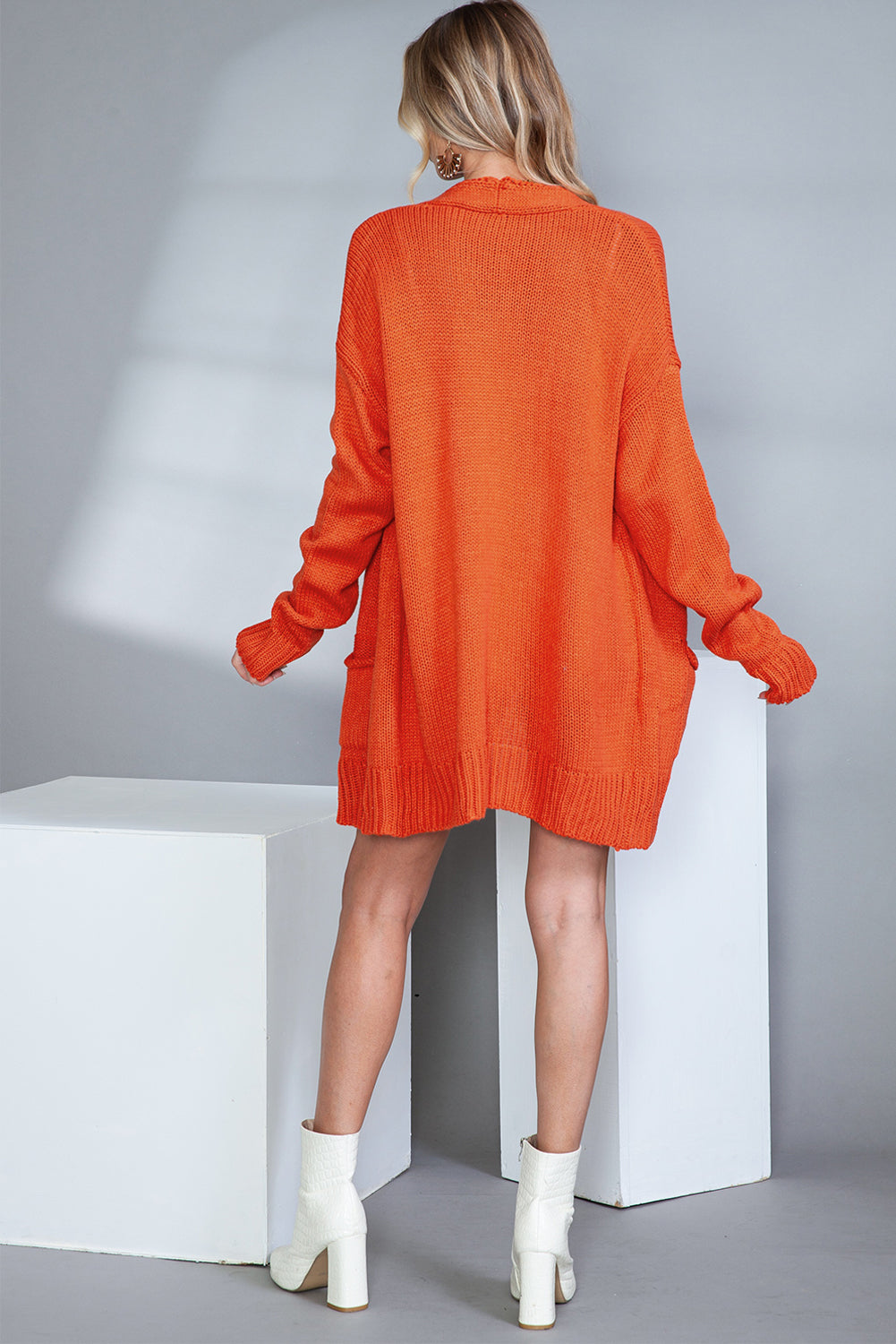 Orange Pockets Open Front Knitted Cardigan