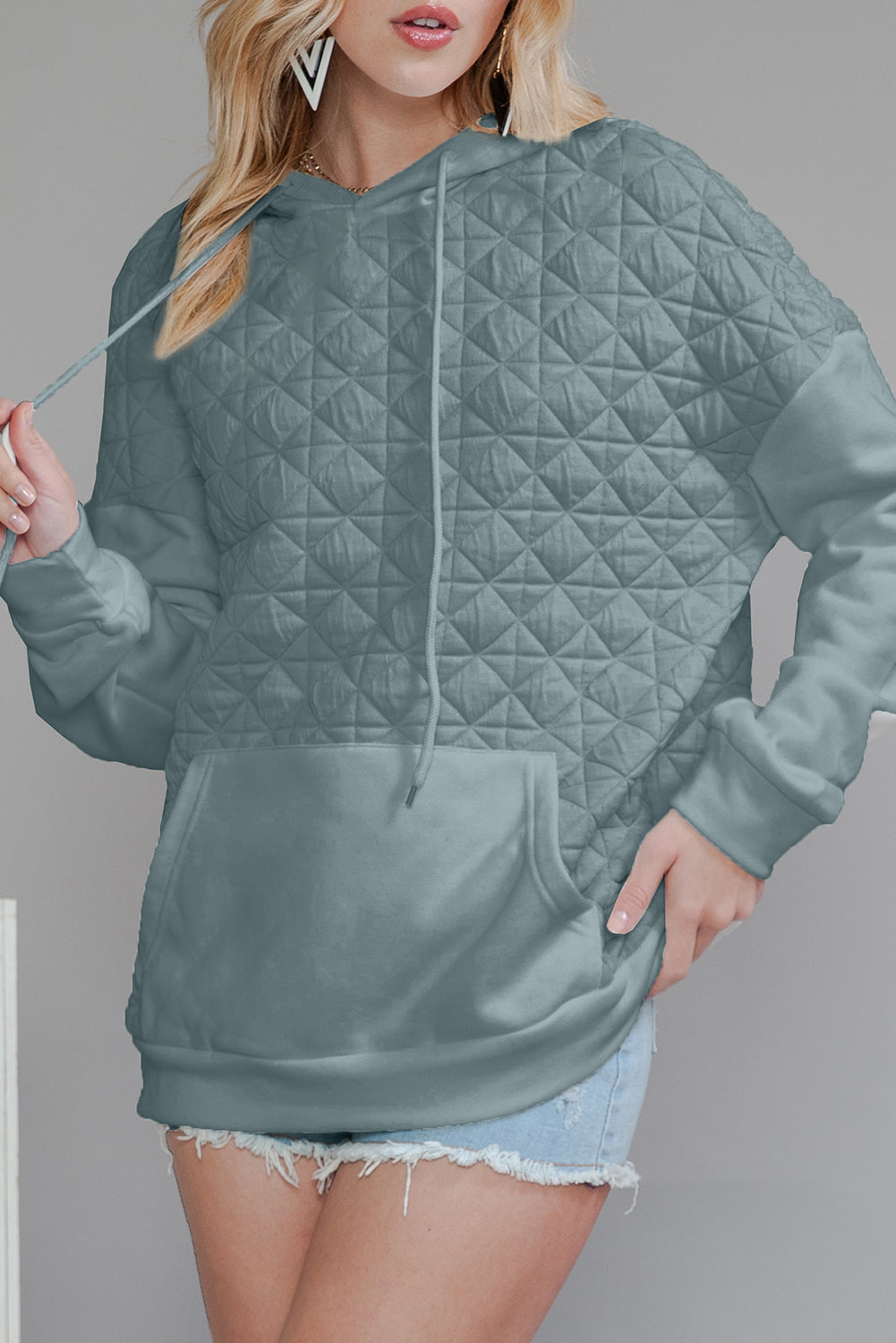 Light Grey Drop Shoulder Kangaroo Pocket Patchwork Quilted Hoodie