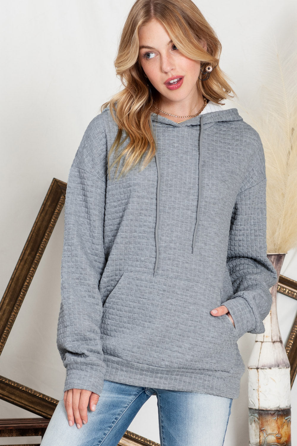 White Lattice Textured Kangaroo Pocket Drawstring Hoodie