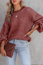 Red Heathered Knit Drop Shoulder Lantern Sleeve Sweater