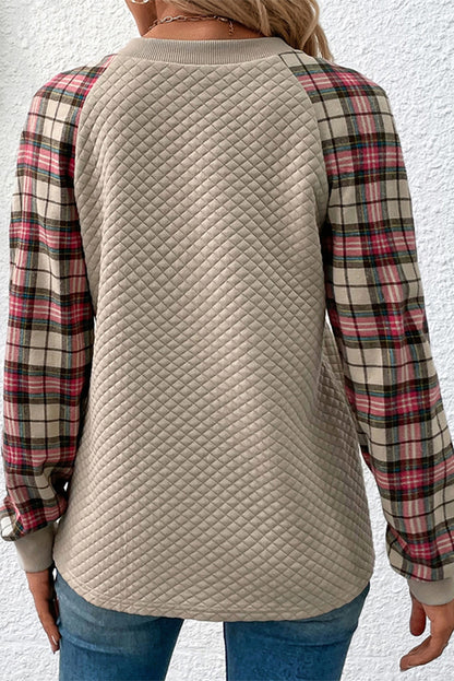 Apricot Plaid Print Quilted Raglan Sleeve Sweatshirt