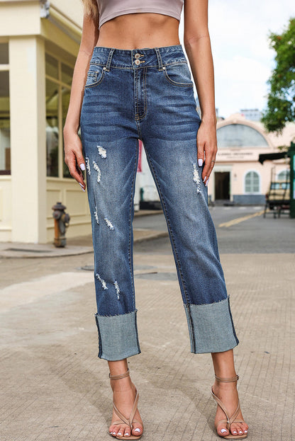 Blue High Waist Distressed Straight Leg Jeans