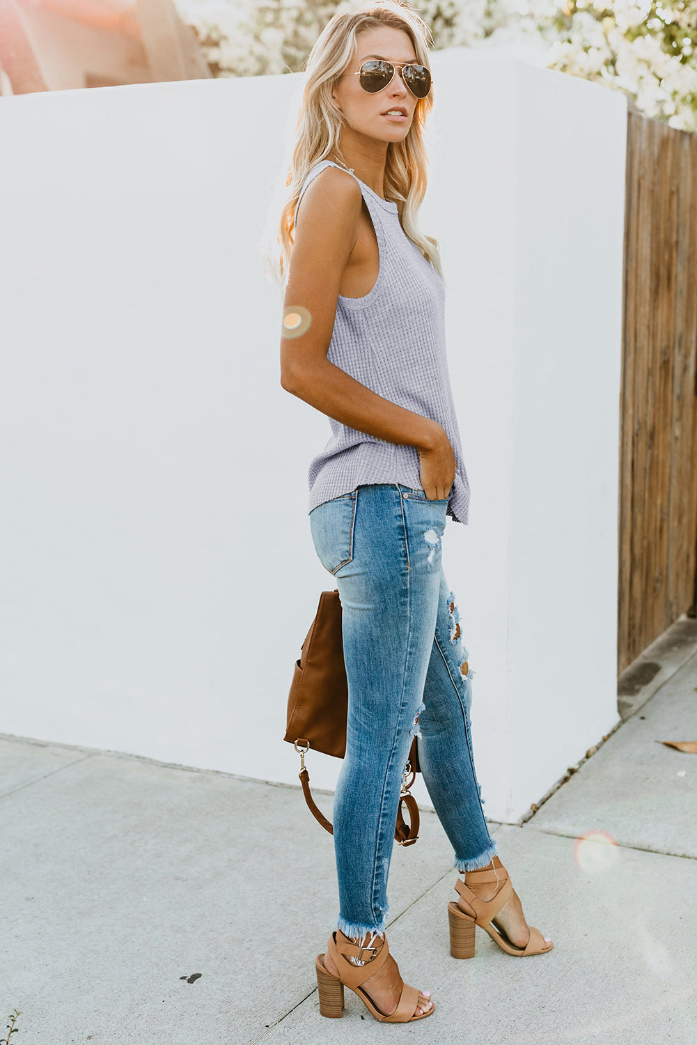 White Basic Waffle Crew Neck Tank Top