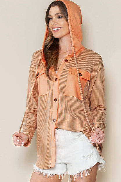 Apricot Flap Pockets Patchwork Hooded Ribbed Shacket