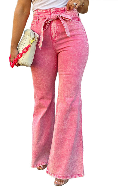 Pink Casual Front Knot High Waist Flare Leg Jeans