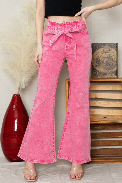 Pink Casual Front Knot High Waist Flare Leg Jeans