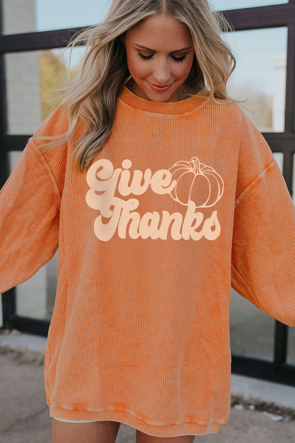 Orange Give Thanks Pumpkin Graphic Corded Sweatshirt