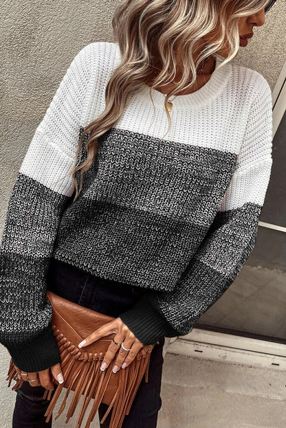 Brown Color Block Drop Shoulder Ribbed Trim Sweater