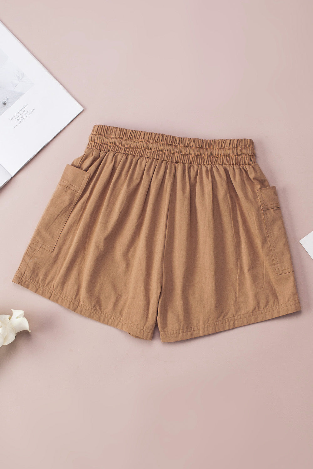 Brown Casual Drawstring High Waisted Shorts with Pockets