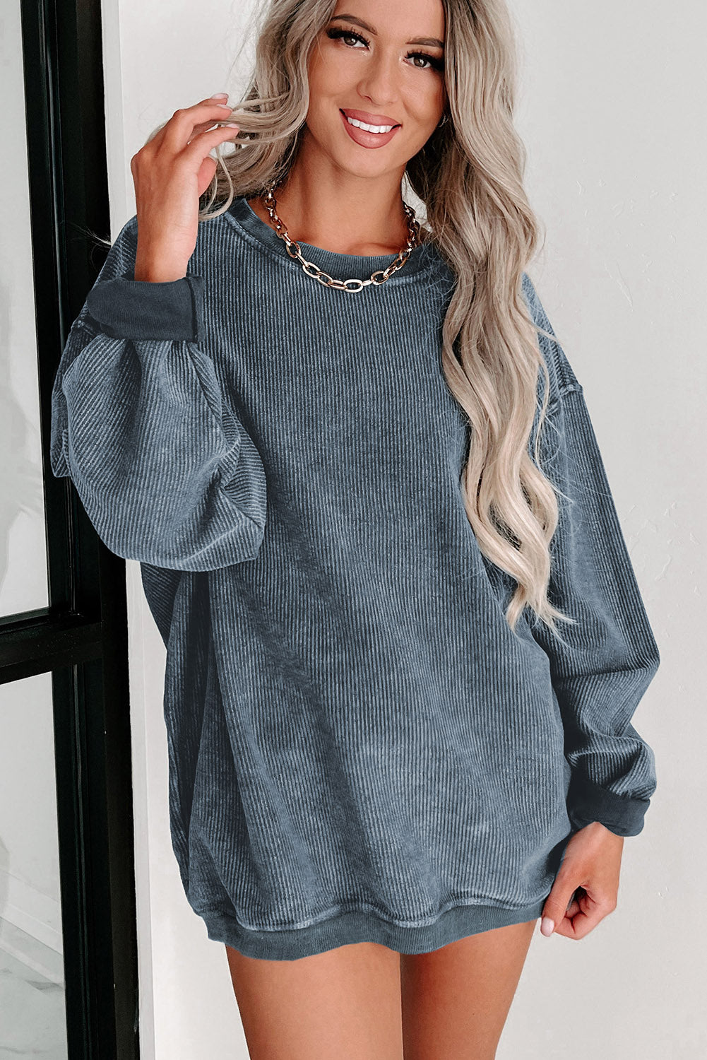 Green Ribbed Round Neck Drop Sleeve Pullover Sweatshirt