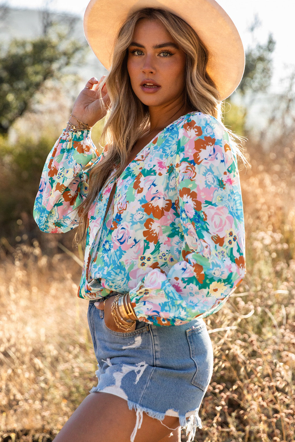 Light Blue Floral Print Boho Wrap V Neck Puff Sleeve Bodysuit