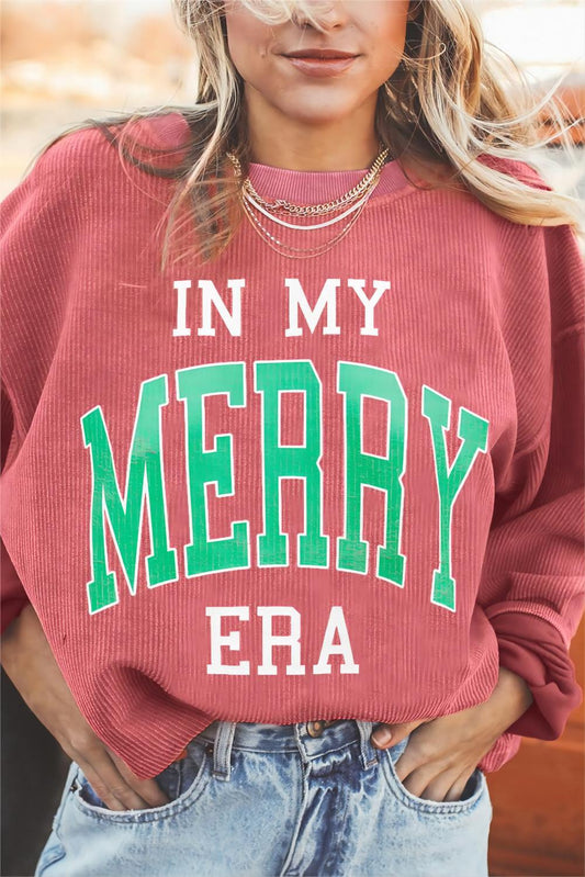 Strawberry Pink IN MY MERRY ERA Loose Fit Corded Graphic Sweatshirt