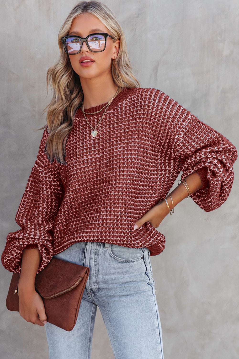 Red Heathered Knit Drop Shoulder Lantern Sleeve Sweater