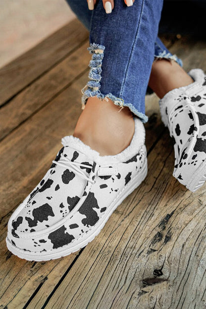 Bright White Animal Pattern Lace-up Decor Front Slip-on Flats