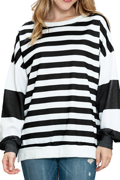 Black Striped Colorblock Drop Shoulder Pullover Sweatshirt