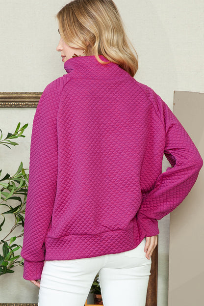 Rose Red Quilted Buttoned Neck Pullover Sweatshirt