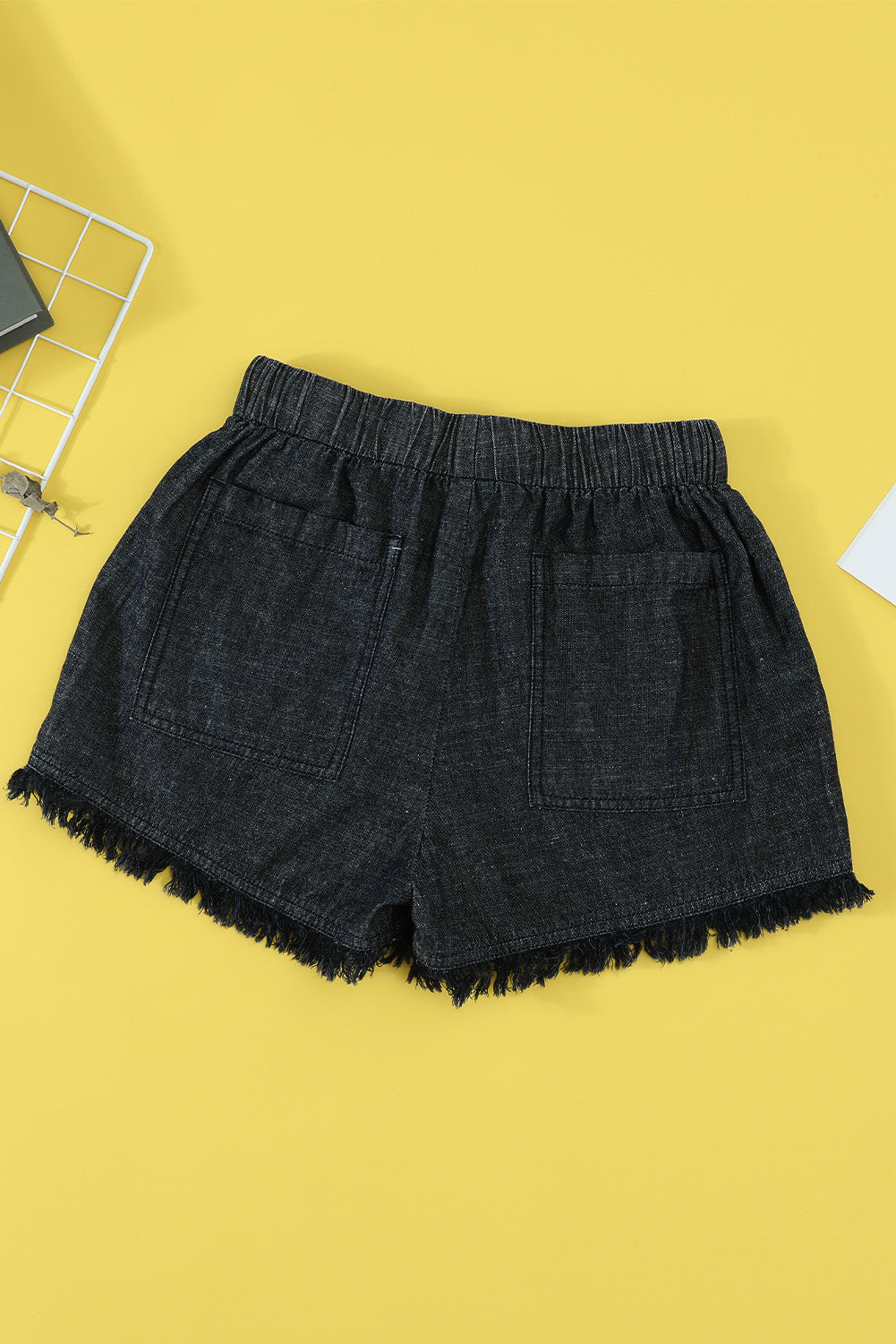 Black Casual Drawstring Pocketed Frayed Hem Denim Shorts