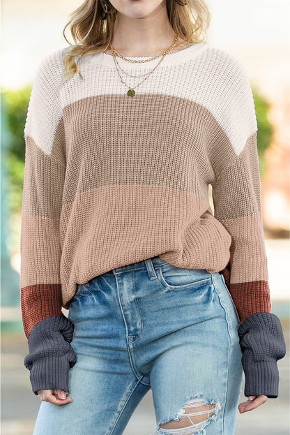 Chestnut Color Block Casual Knit Pullover Sweater