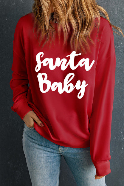 Red Santa Baby Print Crew Neck Pullover Graphic Sweatshirt