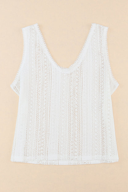 White Lace Crochet Open Back U Neck Tank Top