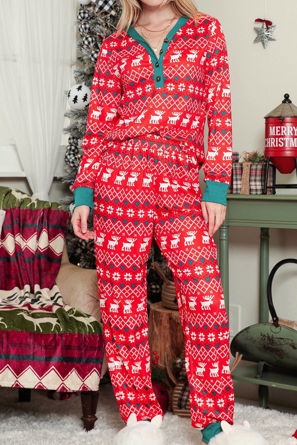 Red Christmas Print Henley Top & Pants Pajama Set
