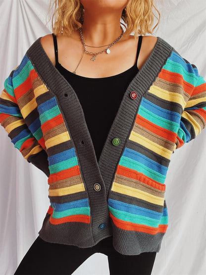 Contrast Stripes Button Up Long Sleeve Cardigan