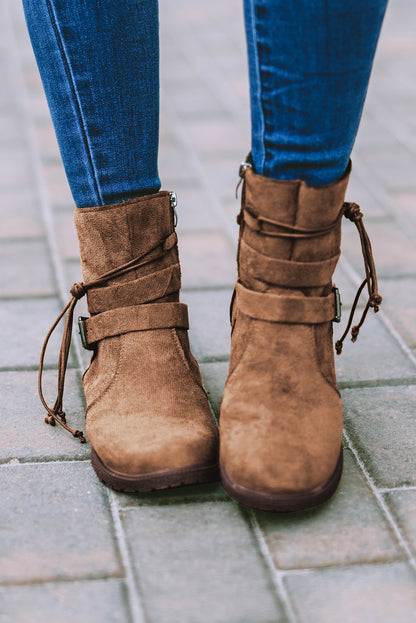 Brown Faux Suede Zip Up Buckle Straps Ankle Boots