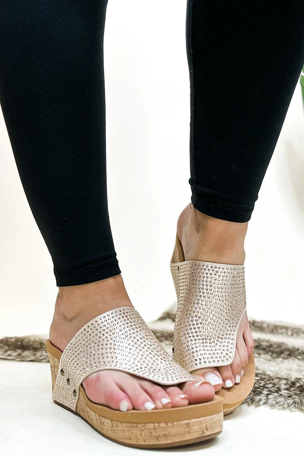 Gold Asymmetric Leather Cut Rivet Wedge Slippers