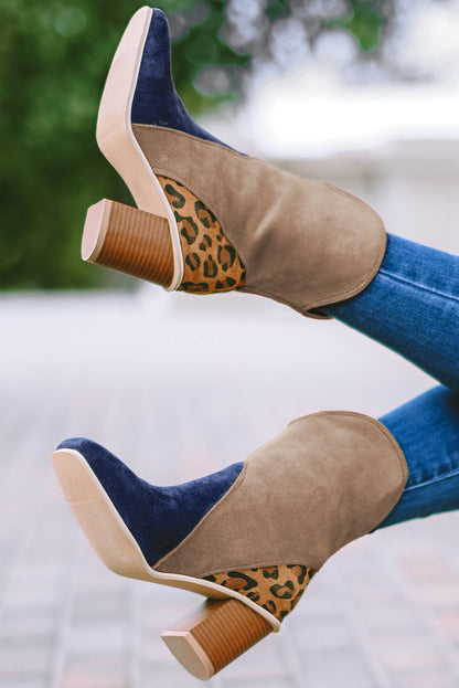 Leopard Print Patchwork Chunky Block Heel Boots