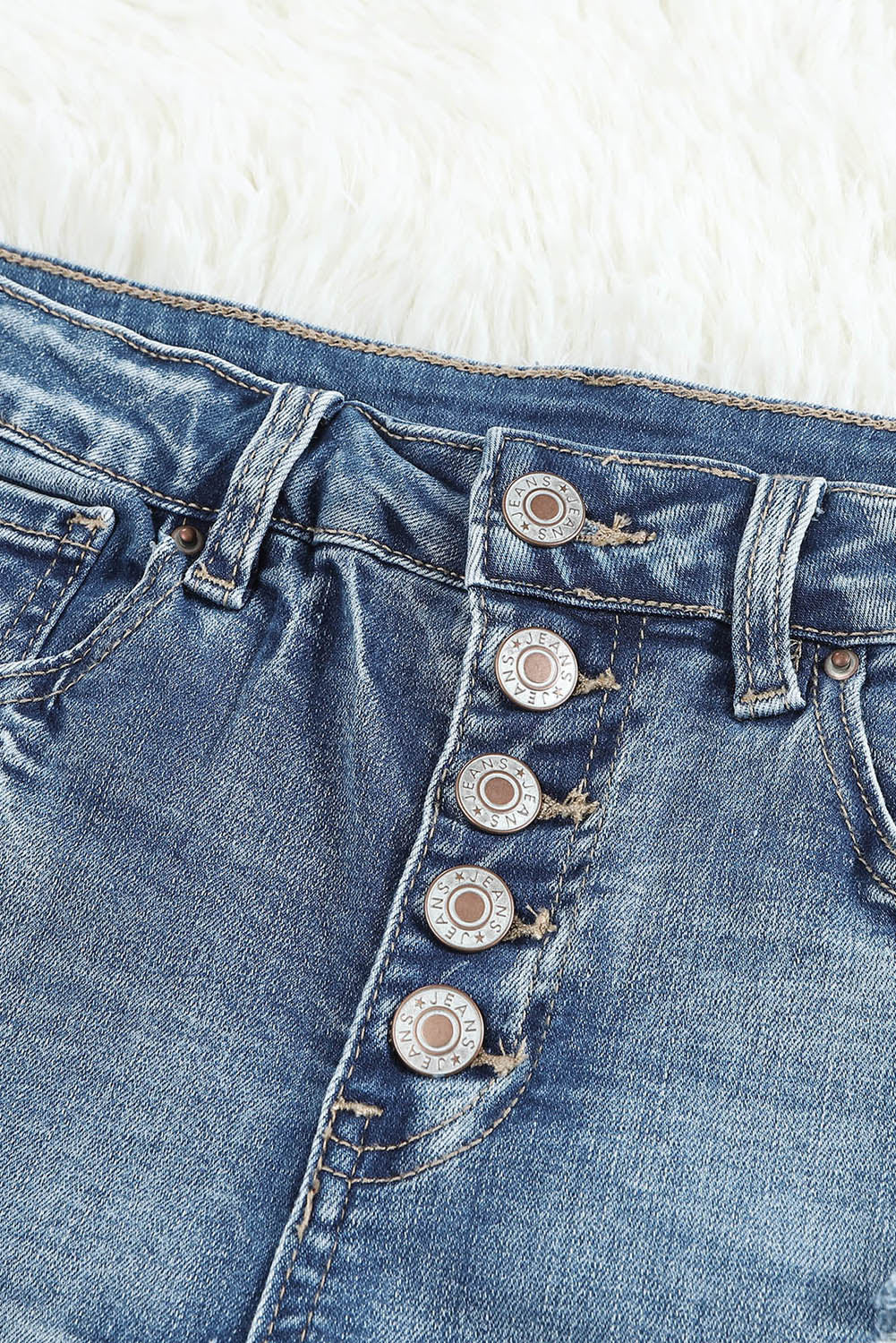 Light Blue Button Fly Distressed High Rise Denim Shorts