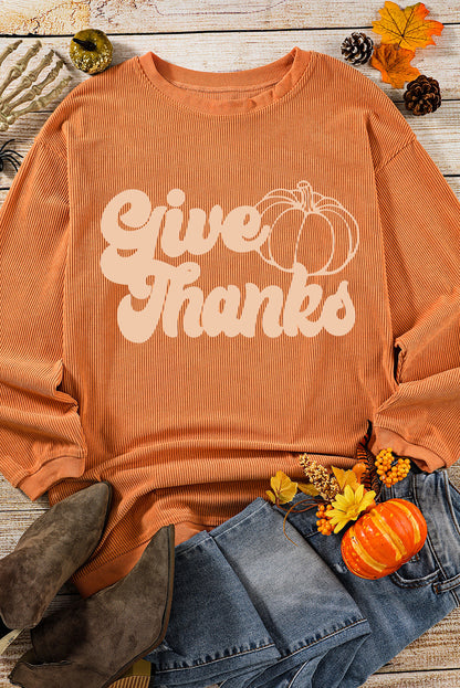 Orange Give Thanks Pumpkin Graphic Corded Sweatshirt