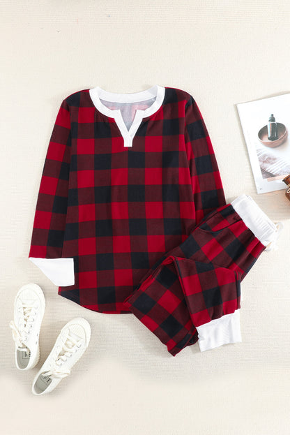 Red Christmas Plaid Long Sleeve Top & Pants Loungewear Set