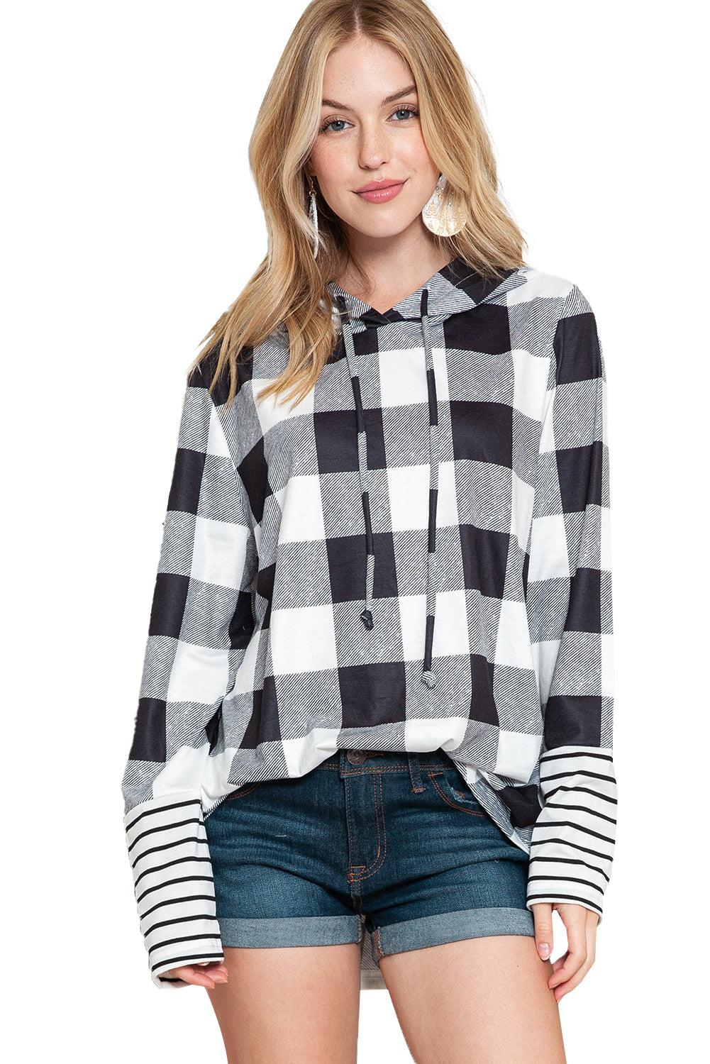 Multicolour Plaid & Striped Patchwork Drawstring Hoodie