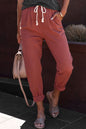 Red Solid Color Drawstring High Waisted Pants with Pockets