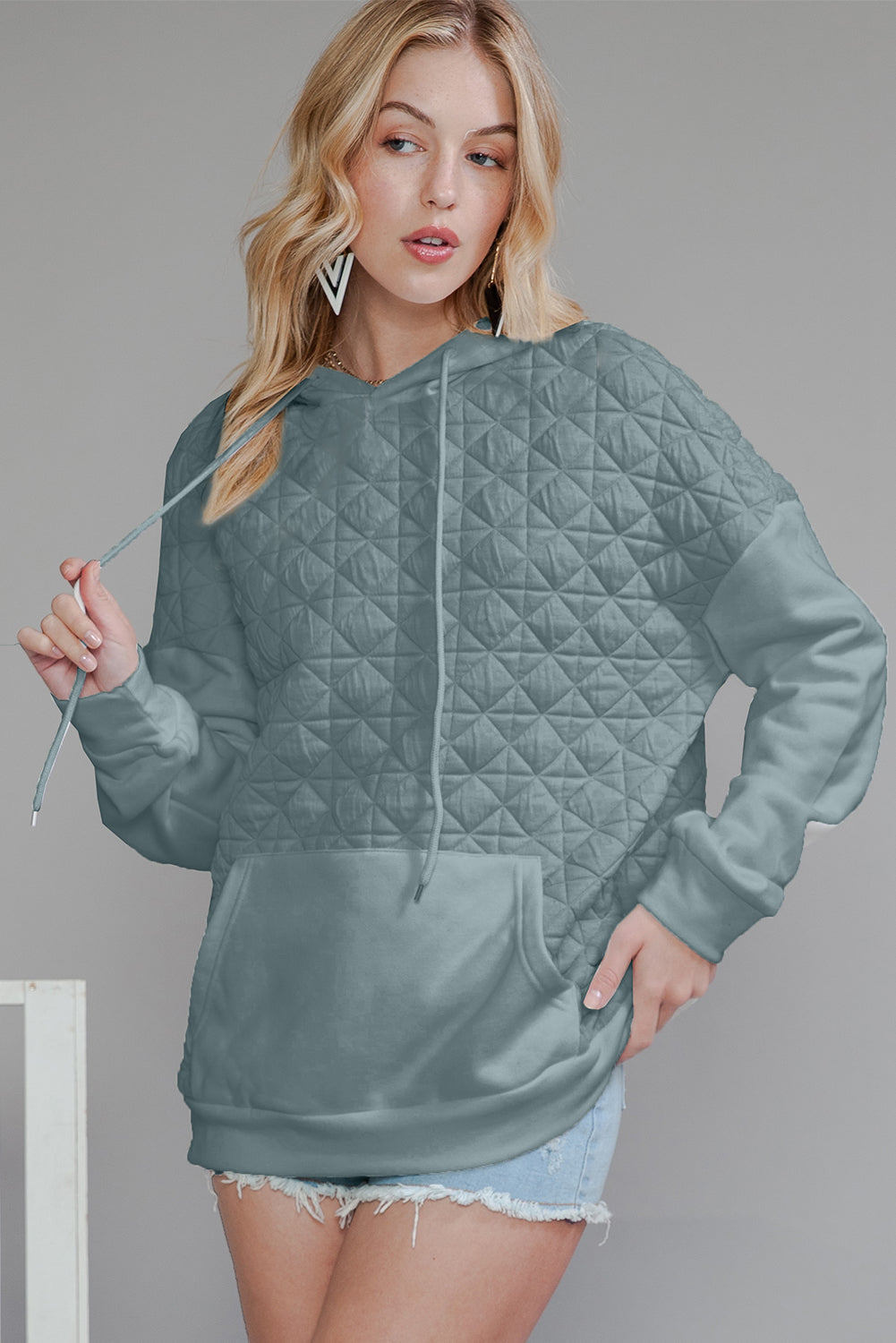 Light Grey Drop Shoulder Kangaroo Pocket Patchwork Quilted Hoodie