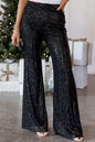 Black Plain Party Sequin Natural Waist Flare Leg Pants