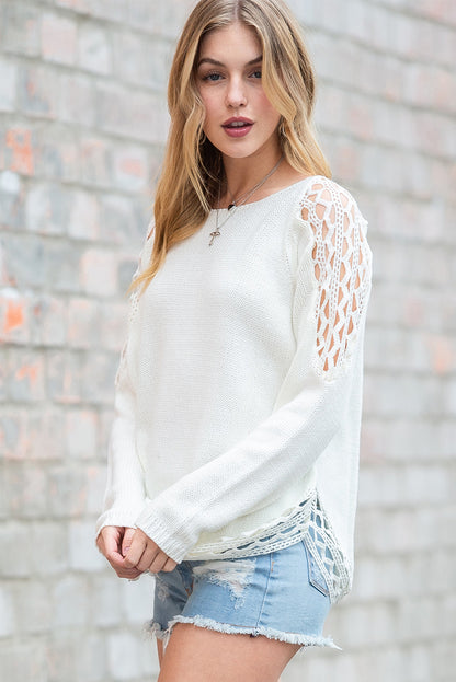 White Cutout Sleeve Solid Color Knit Sweater