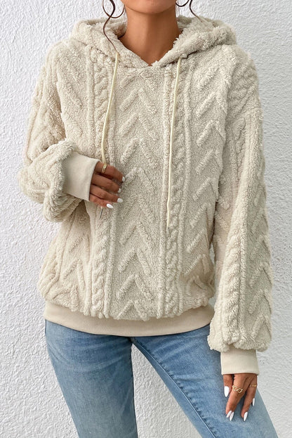 Beige Textured Drawstring Drop Shoulder Hooded Sweatshirt