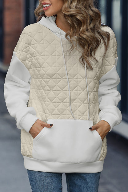 Light Grey Drop Shoulder Kangaroo Pocket Patchwork Quilted Hoodie