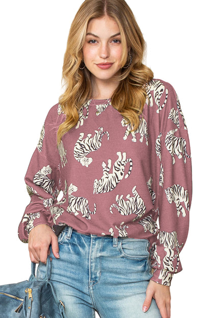 Taupe Animal Print Drop Sleeve Pullover Sweatshirt