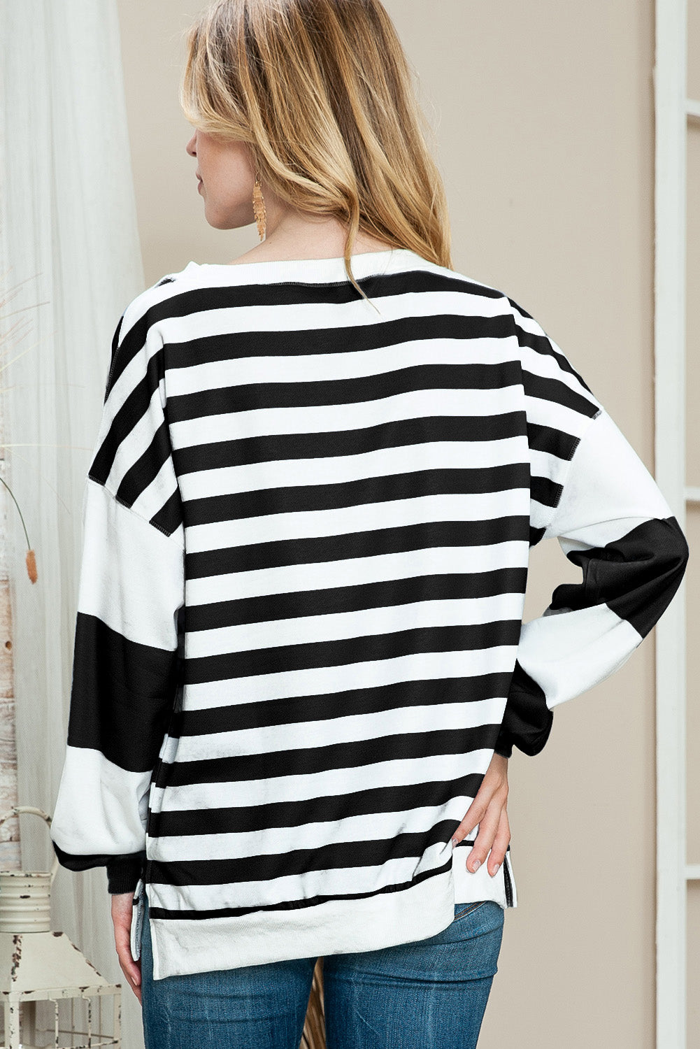 Black Striped Colorblock Drop Shoulder Pullover Sweatshirt