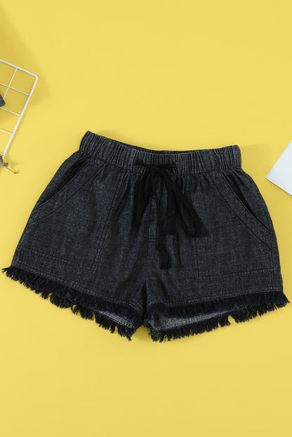 Black Casual Drawstring Pocketed Frayed Hem Denim Shorts