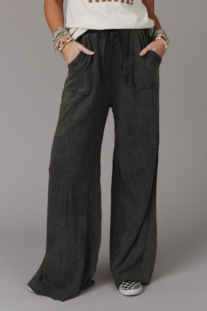 Grey Mineral Washed Drawstring High Waisted Wide Leg Pants