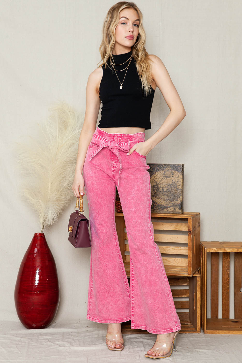 Pink Casual Front Knot High Waist Flare Leg Jeans