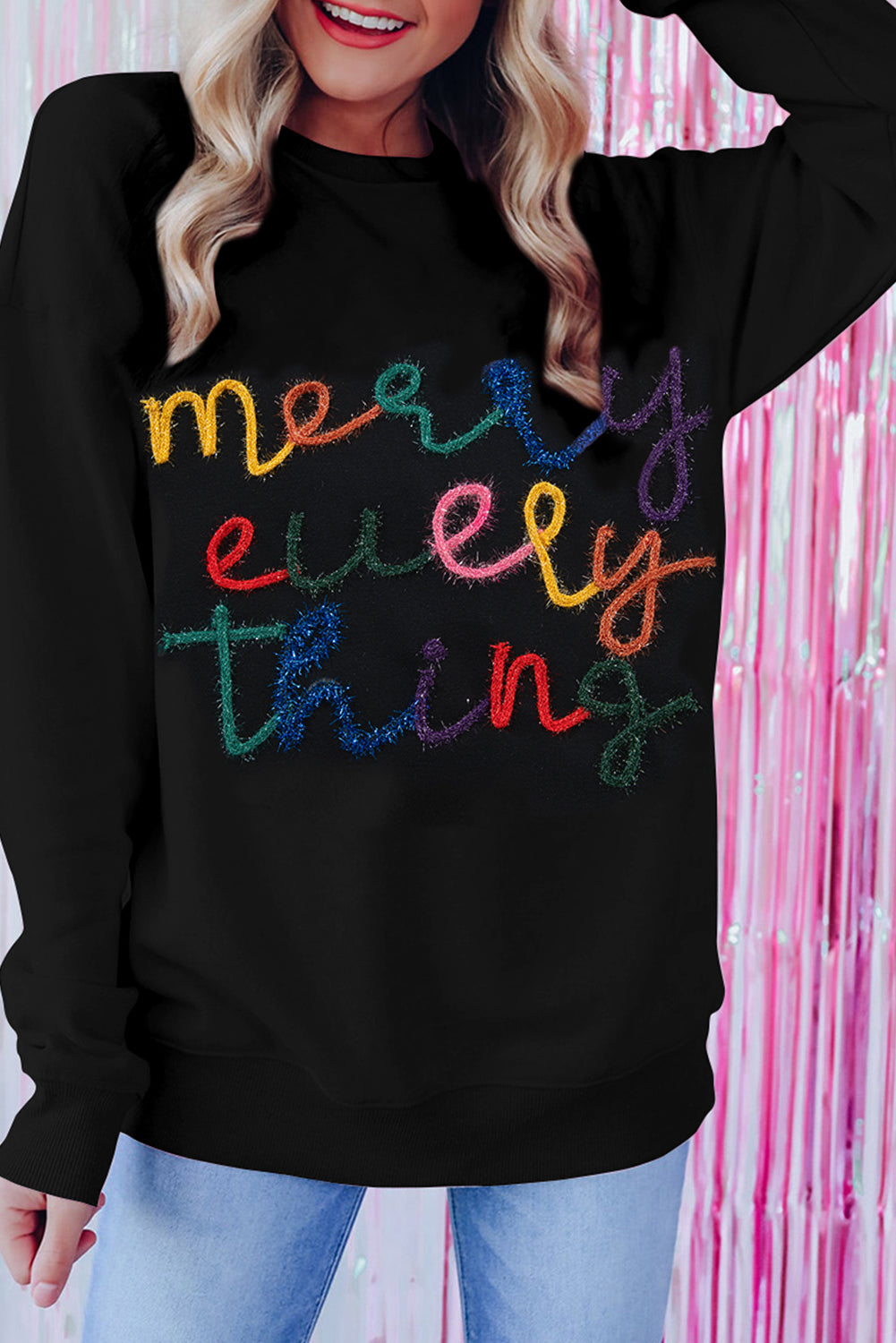 Black Every Thing Glitter Letter Christmas Sweatshirt