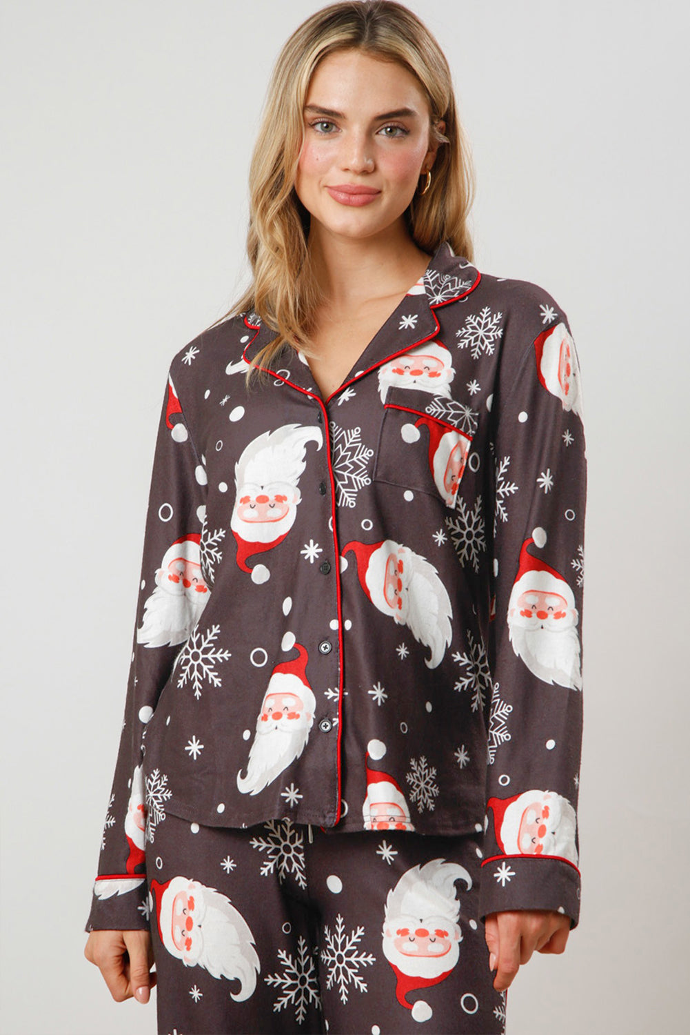 White Christmas Santa Print Pocket Shirt and Pants Pajama Set